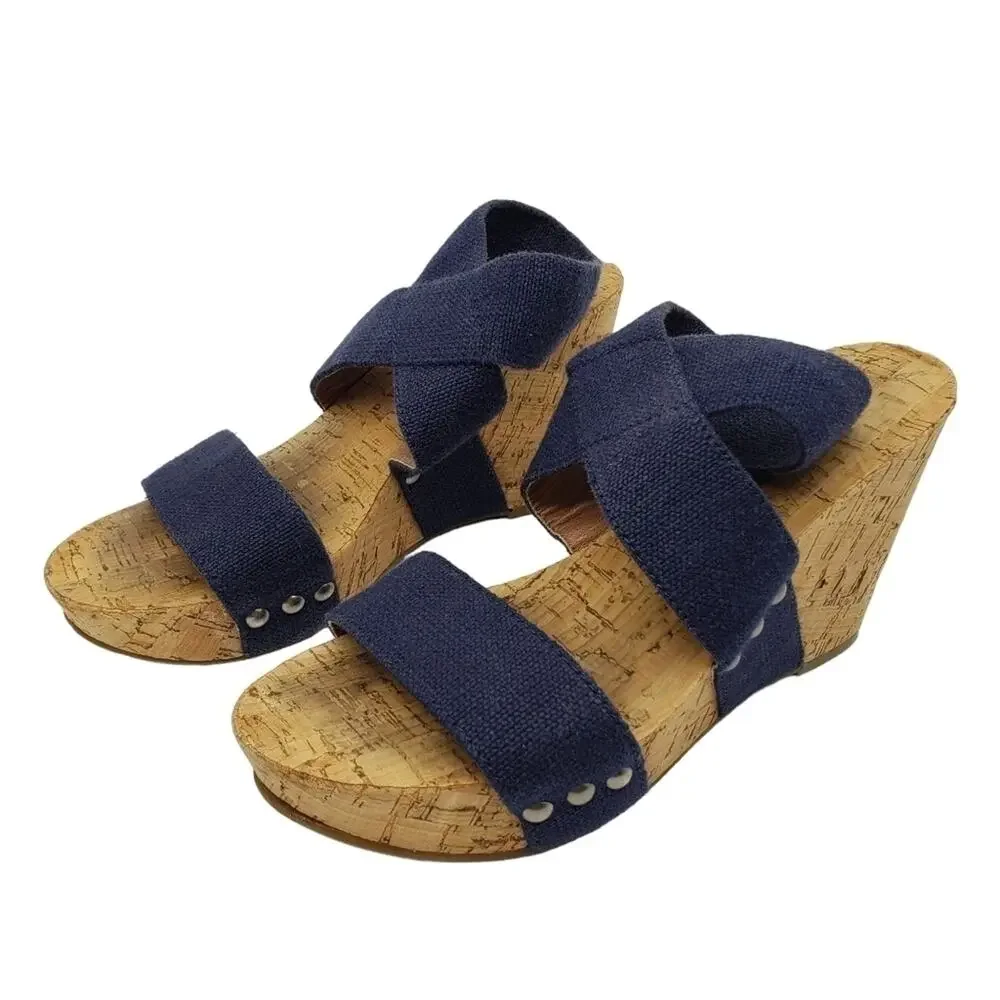 Lucky Brand Cork Wedge Sandal Blue Elastic Makayla Style Sz 6B/36